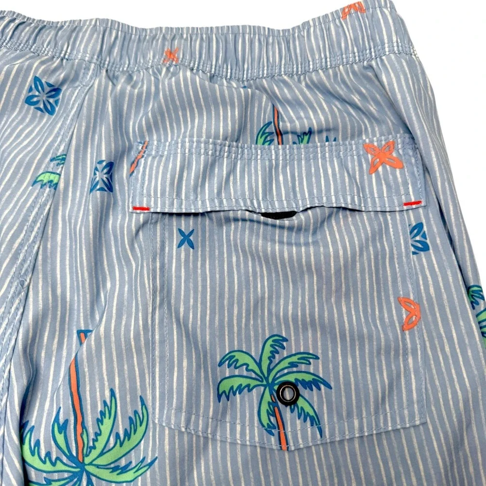 Saxx Swim Shorts Mens Large Blue Striped Oh Buoy 2N1 BallPark Pouch Palm Tree